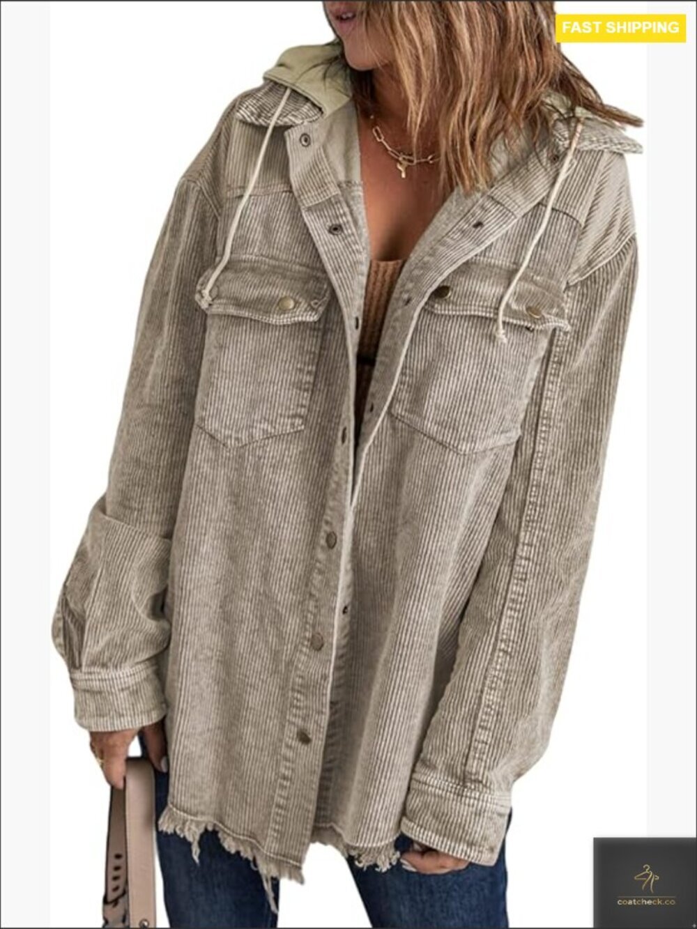 Corduroy Shacket Jacket Long Sleeve Button Down Hooded Casual Coat with Pockets